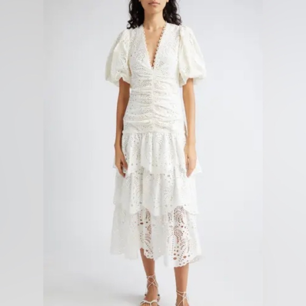 NWOT, Farm Rio eyelet puff sleeve White Midi Embroidered Dress, XS.
